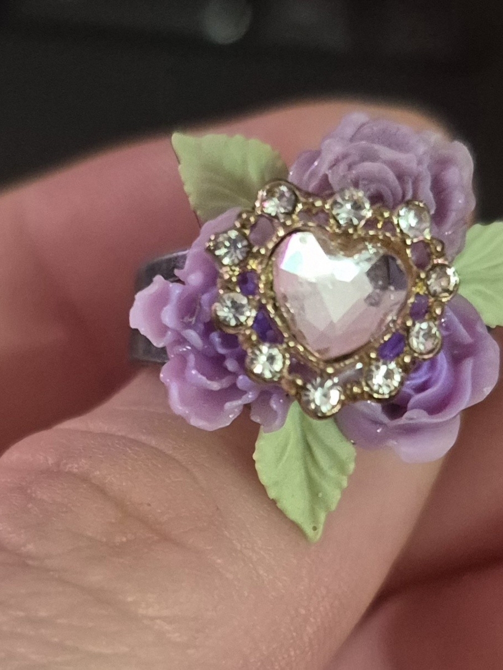 Purple Floral Heart Ring with Crystal Accent - Women Jewelry
